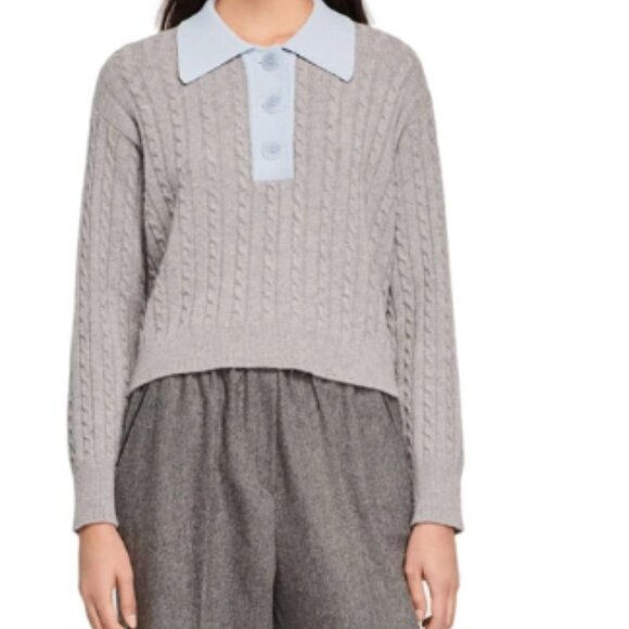 Sandro France Reno Contrast Collar Cropped Cable Knit Sweater Preppy Academia - Picture 3 of 9